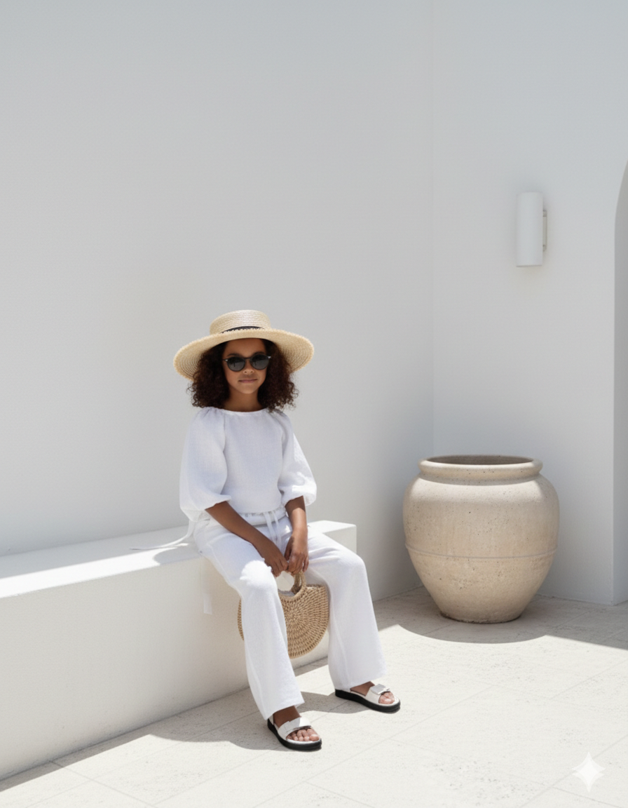 Compleu roz din in cu pantaloni evazati pentru fete - Isla