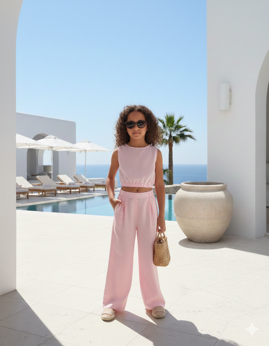 Compleu alb din in cu pantaloni evazati pentru fete - Fatima