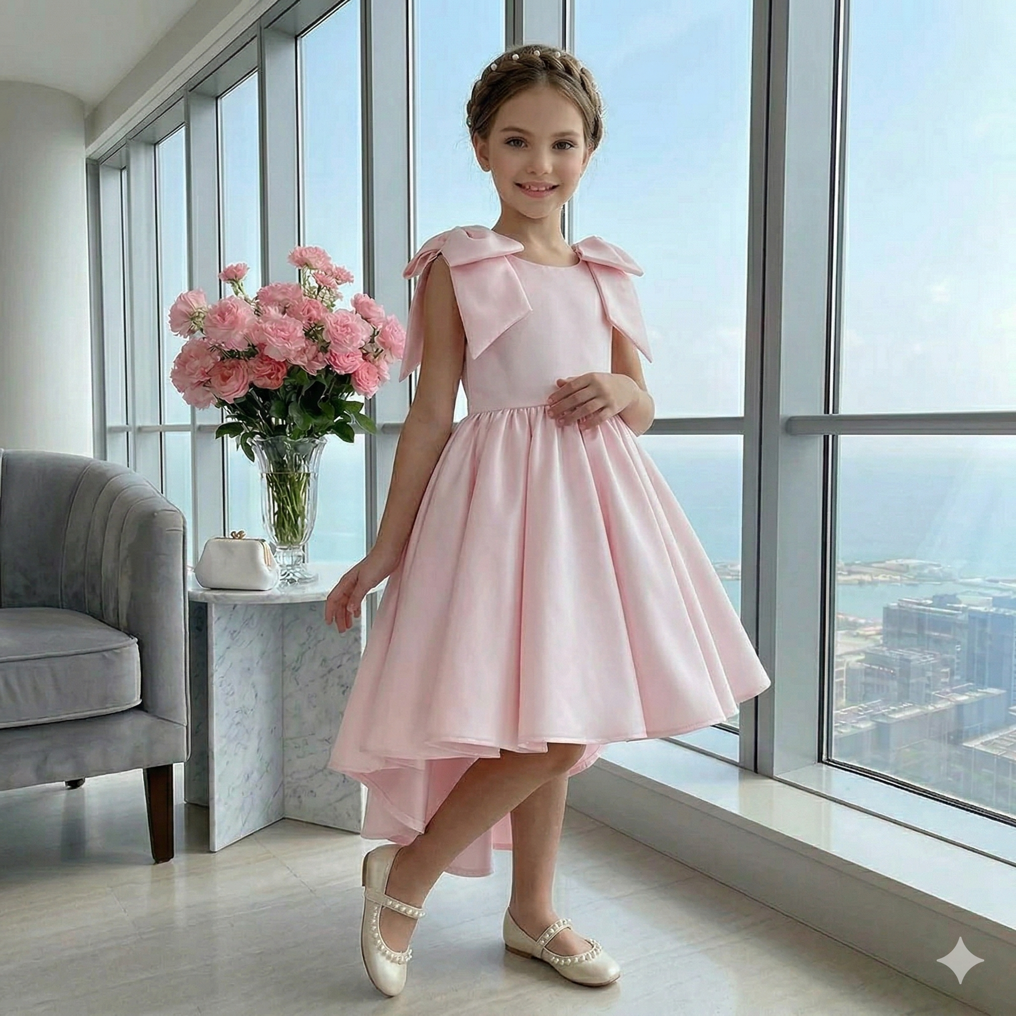 Rochie alba eleganta cu trena din tafta pentru fete - Fiona