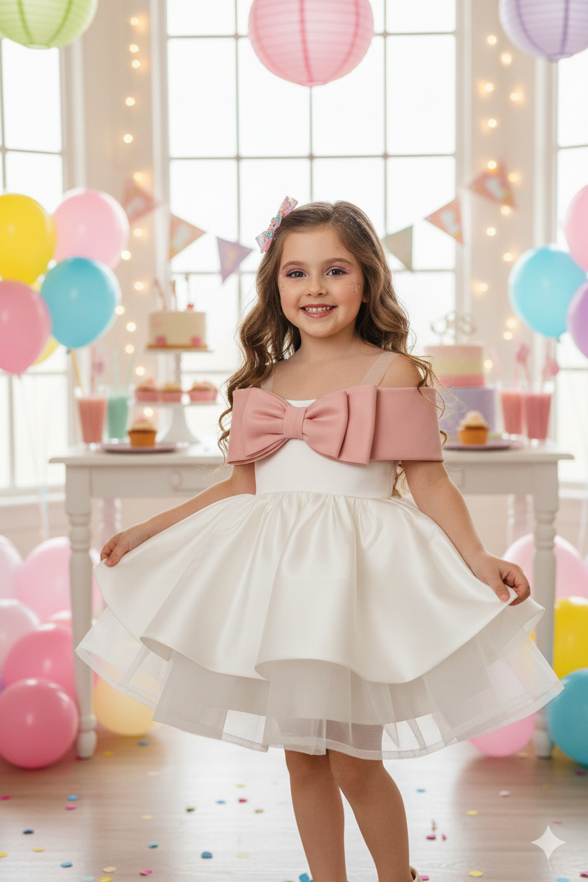 Rochie alba eleganta din tafta si funda neagra pentru fete - Norah