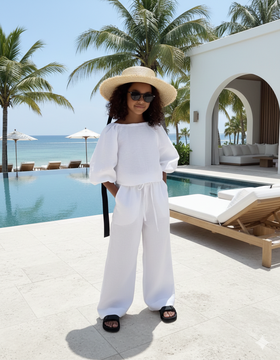 Compleu bleu din in cu pantaloni evazati pentru fete - Isla