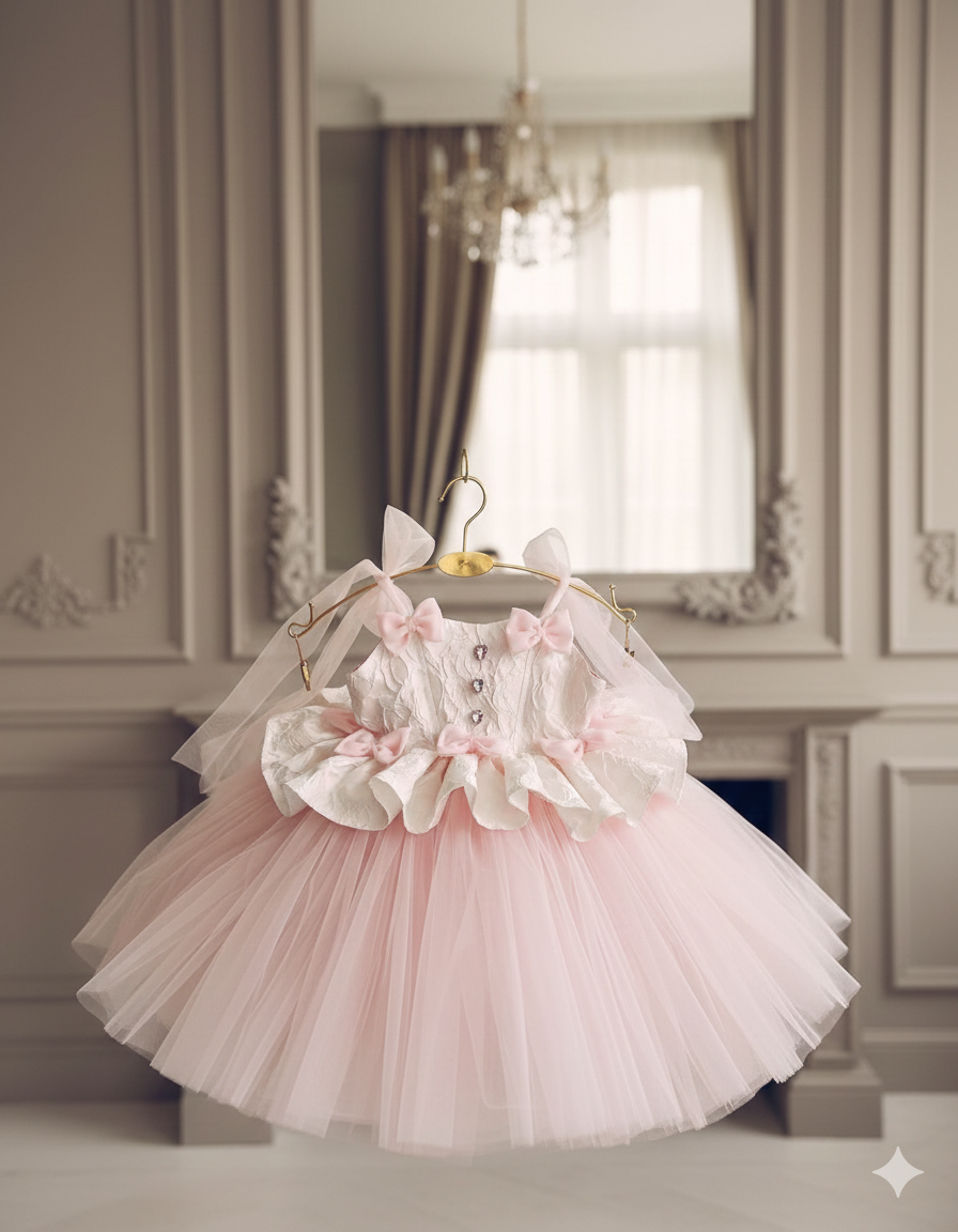 Rochie roz eleganta pentru fete, din brocard si tulle - Lilibet