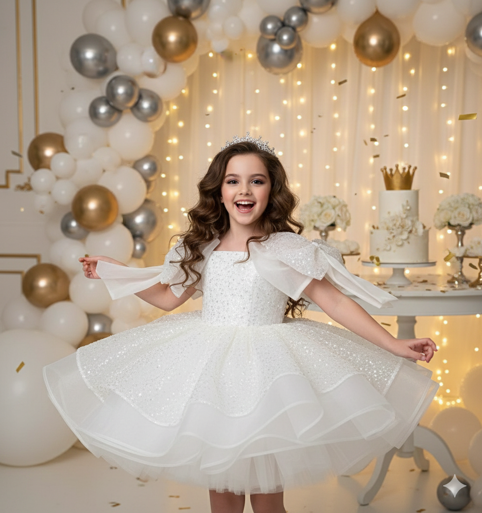 Rochie aurie eleganta din dantela cu perle si paiete pentru fete - Miriam