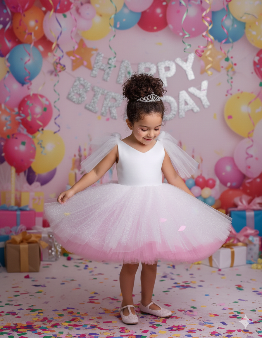 Rochie roz eleganta pentru fete si tulle alb cu glitter - Jenna