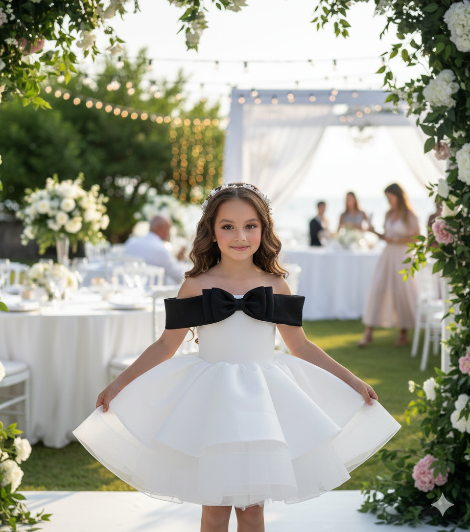 Rochie alba eleganta din tafta si funda neagra pentru fete - Norah