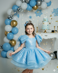 Rochie bleu eleganta din dantela cu perle si paiete pentru fete - Miriam