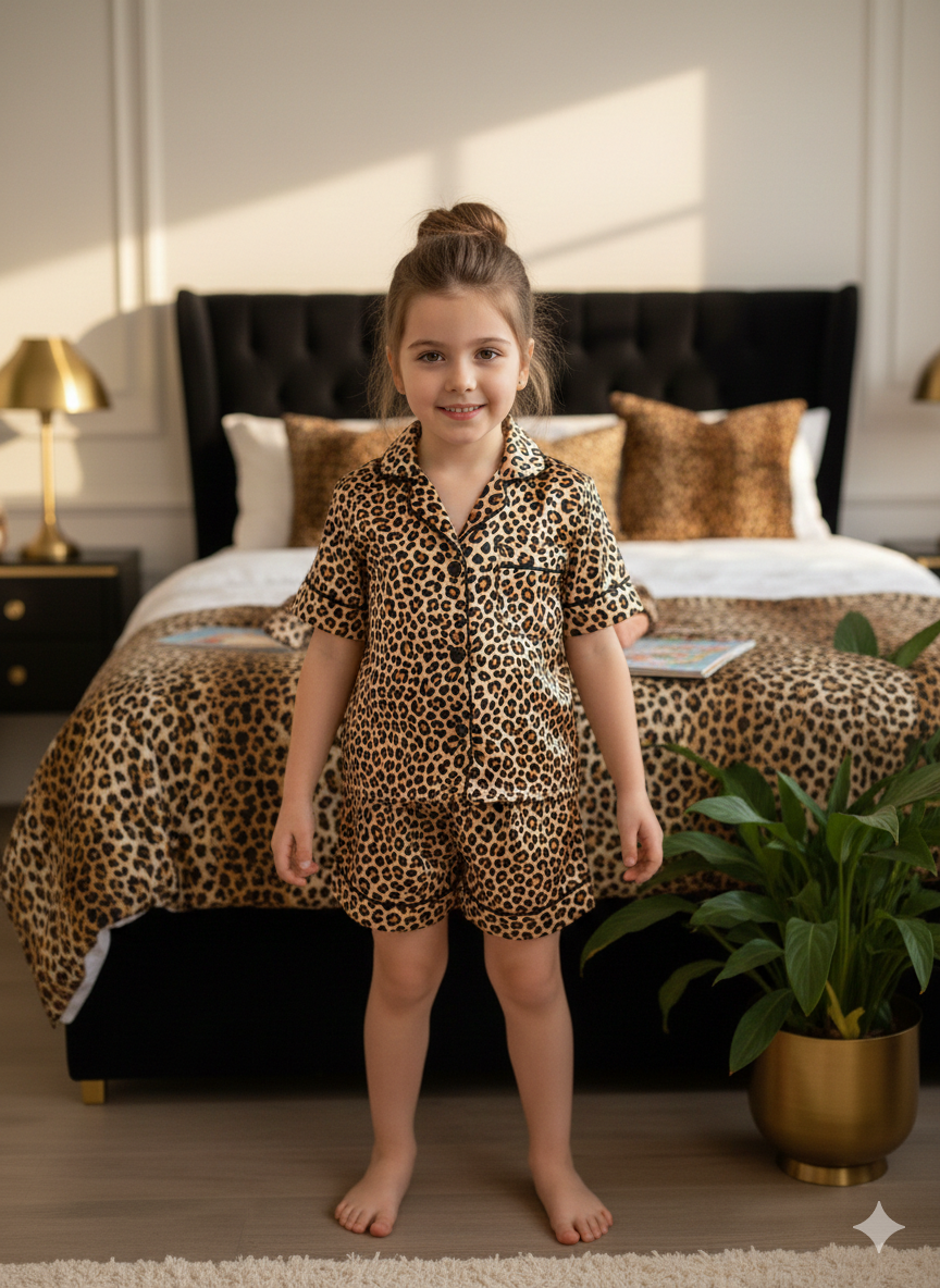Pijama animal print model clasic din satin, pentru fete