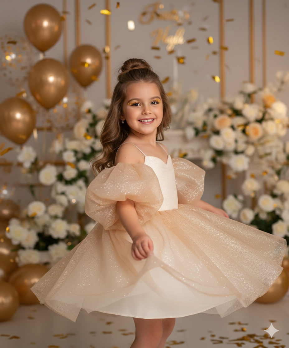 Rochie aurie eleganta pentru fete, din tulle cu glitter si maneci bufante - Eloise