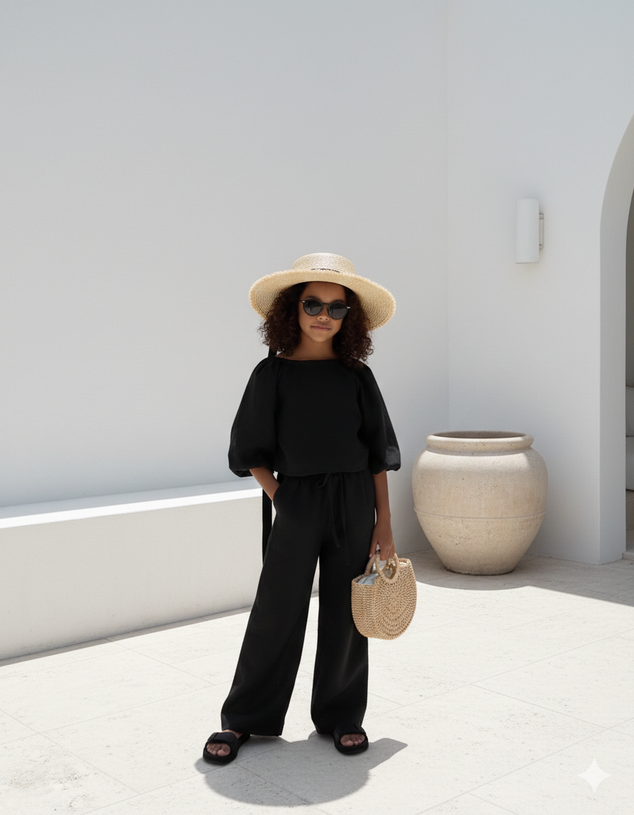 Compleu negru din in cu pantaloni evazati pentru fete - Isla