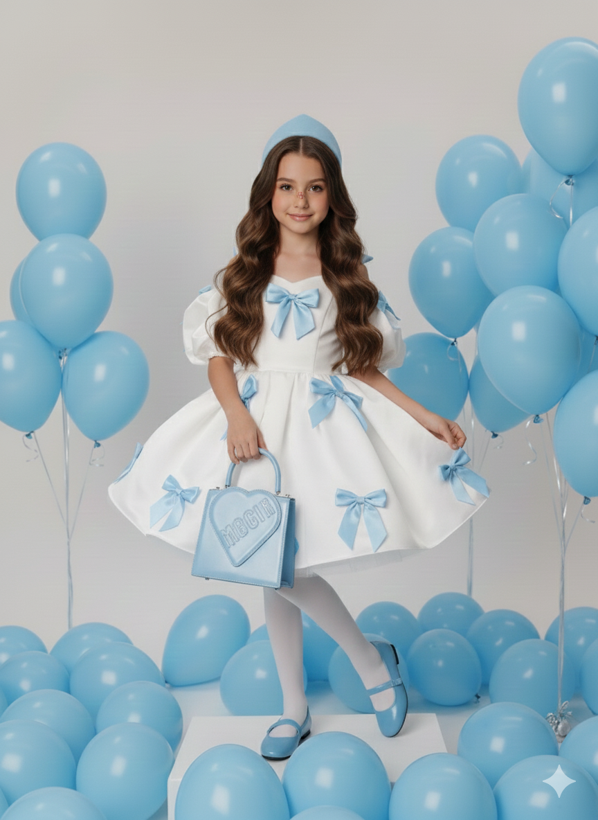 Rochie alba eleganta din tafta cu fundite roz pentru fete - Berta