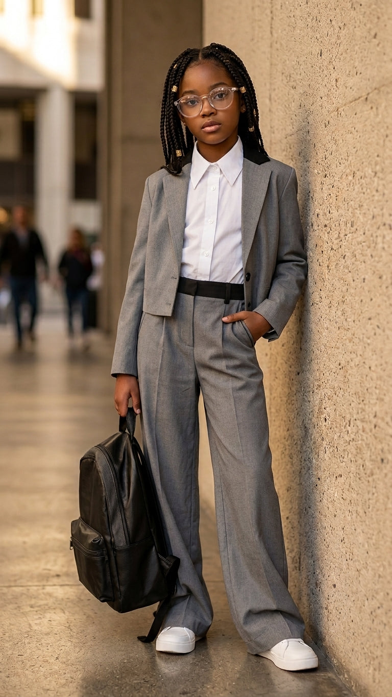 Compleu casual gri, pantalon evazat si sacou pentru fete - Nora