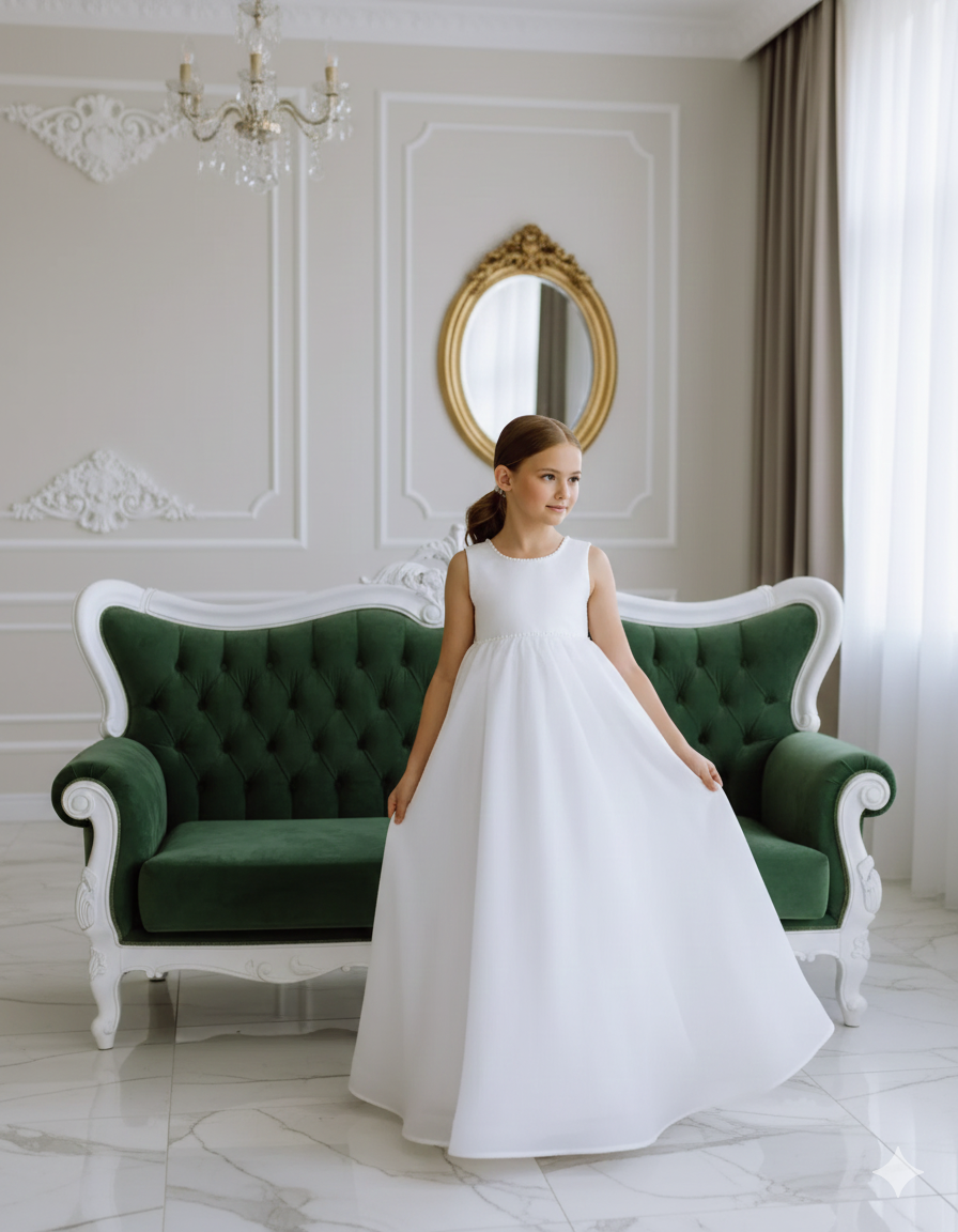 Rochie alba lunga eleganta pentru fete, din organza alba si perle - Tina