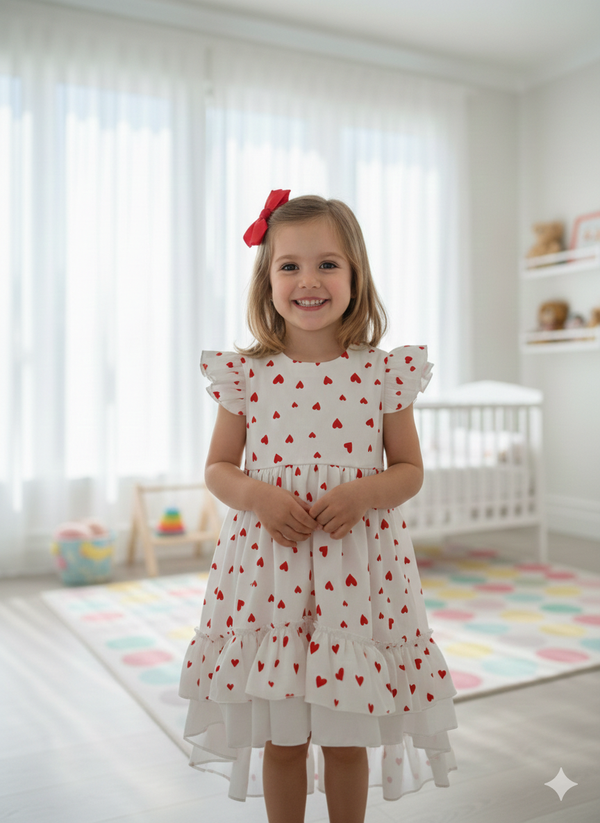 Rochie alba din bumbac cu inimioare pentru fete - Mila