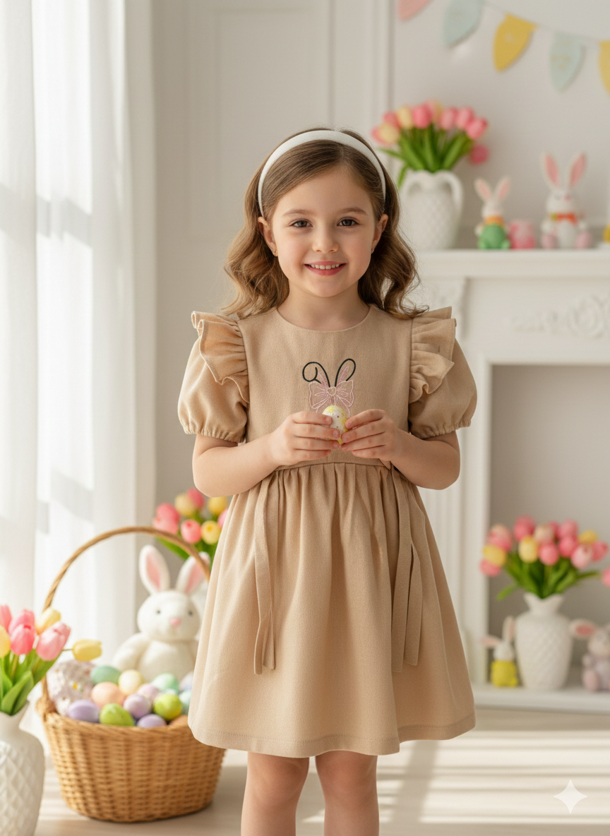 Rochie casual din in cu broderie pentru fete - Zury