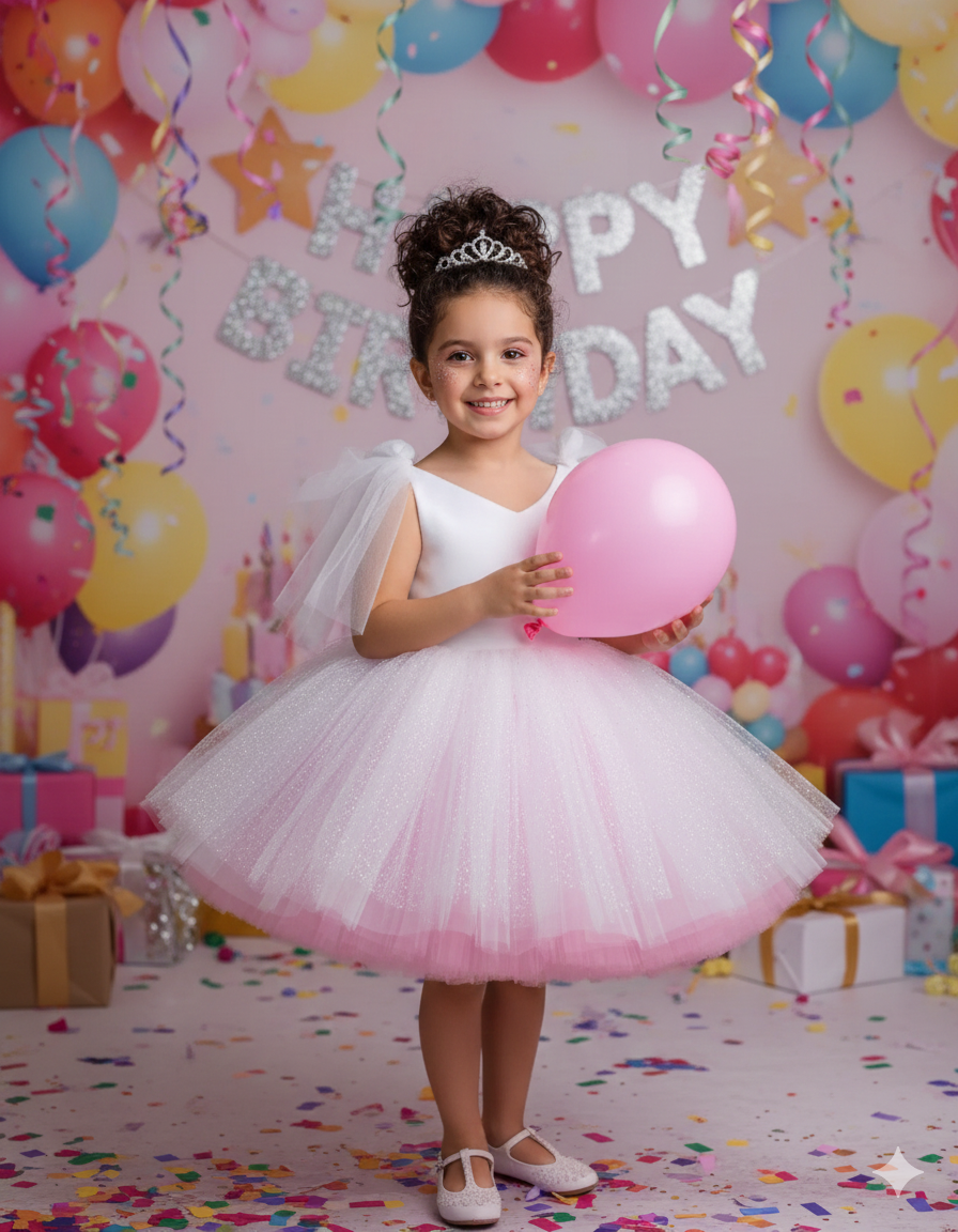 Rochie roz eleganta pentru fete si tulle alb cu glitter - Jenna