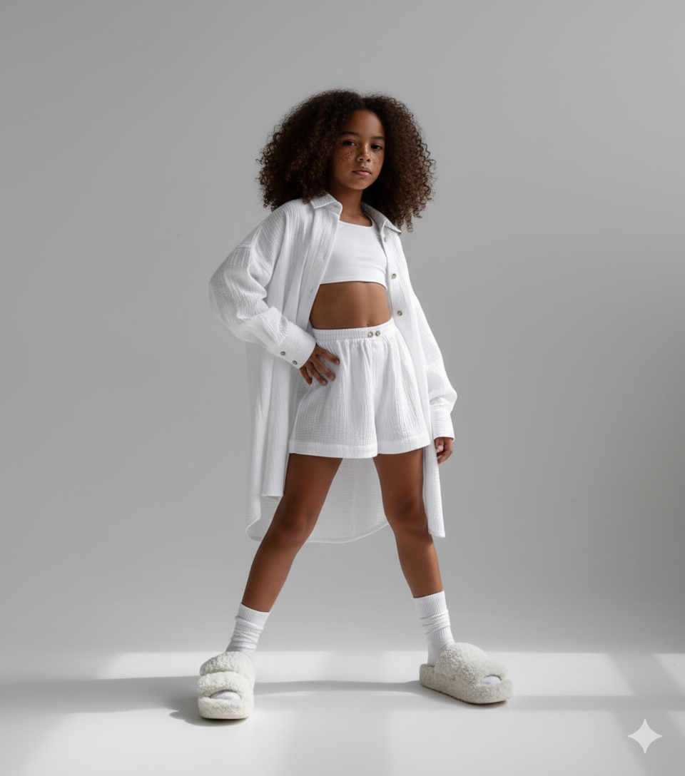 Compleu roz din muselina cu pantaloni scurti si camasa oversize pentru fete - Defne