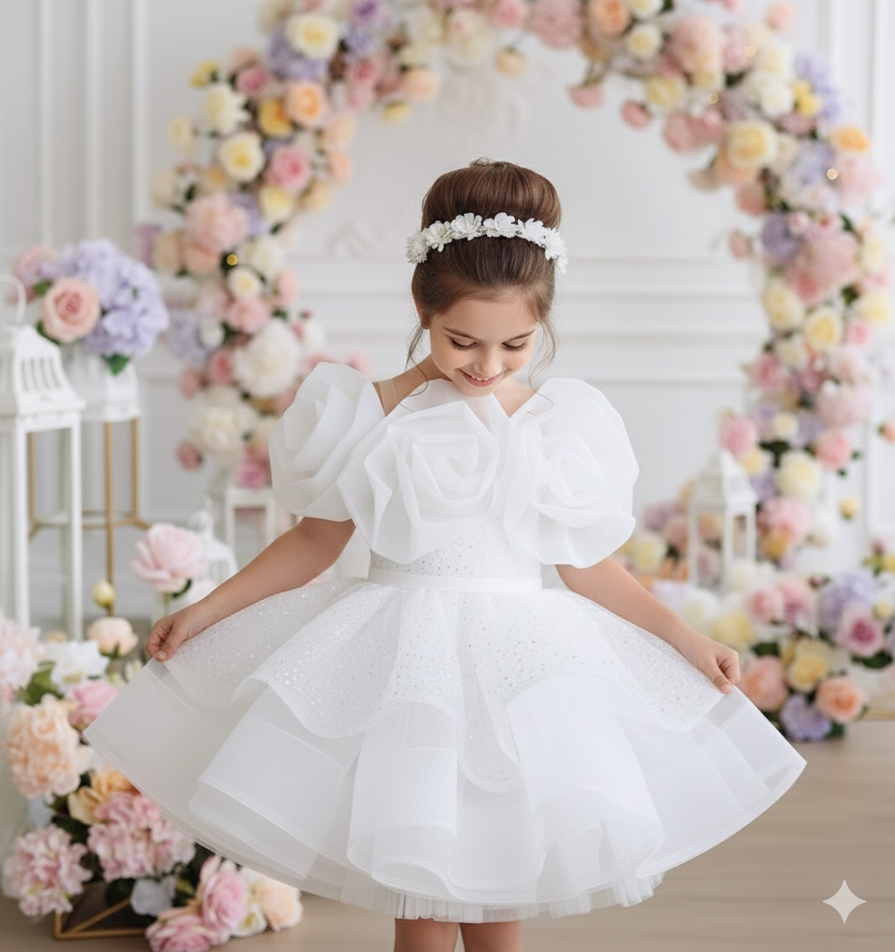 Rochie alba din broderie cu paiete si perle pentru fete - Dakota