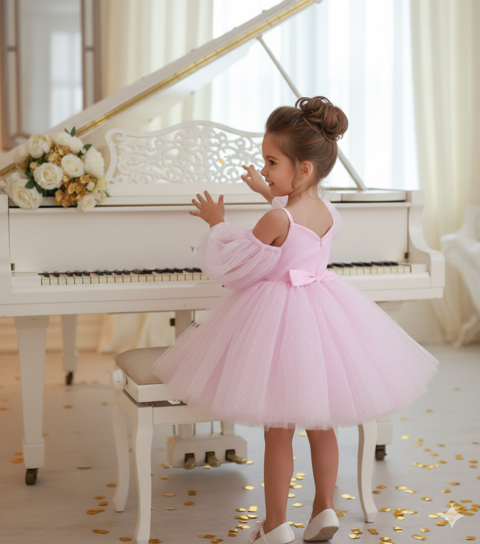 Rochie alba eleganta pentru fete, din tulle cu glitter si maneci bufante - Eloise