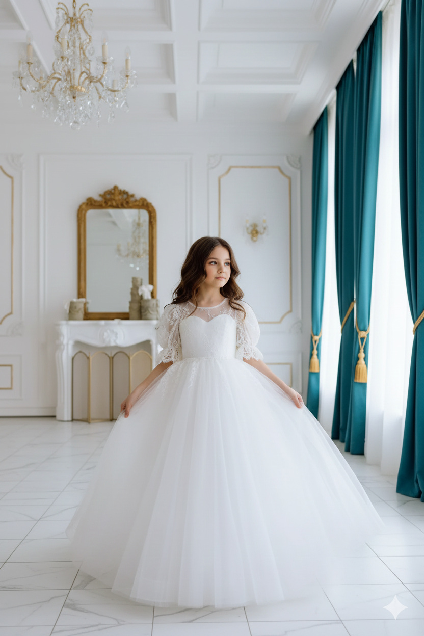 Rochie alba lunga eleganta pentru fete, din tulle alb si dantela chantilly - Tiana