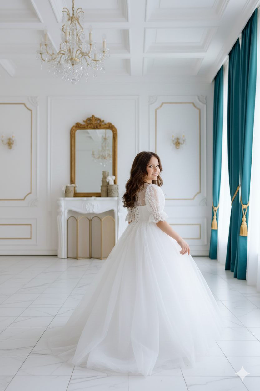 Rochie alba lunga eleganta pentru fete, din tulle alb si dantela chantilly - Tiana