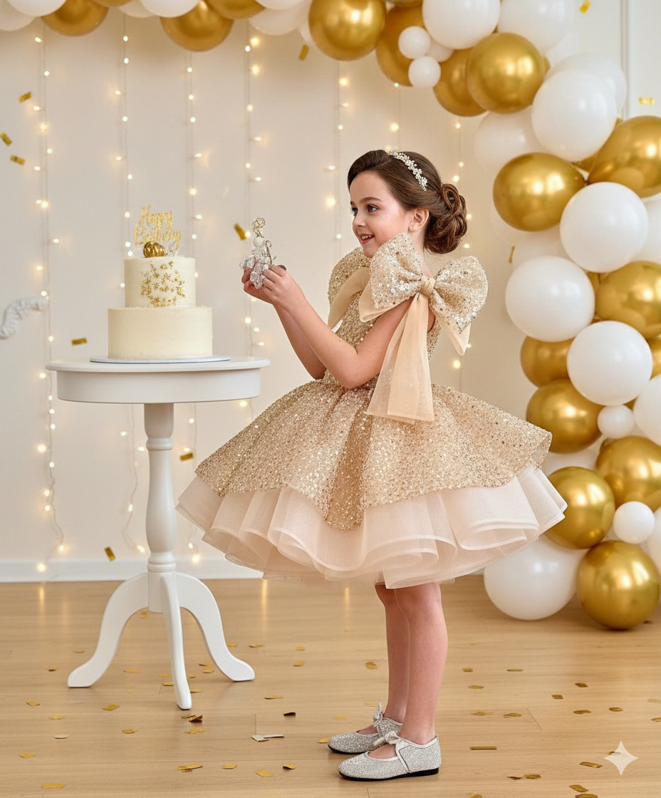 Rochie aurie eleganta din dantela cu perle si paiete pentru fete - Miriam