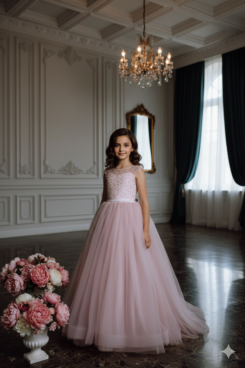 Rochie roz lunga eleganta pentru fete, din tulle si dantela - Polina