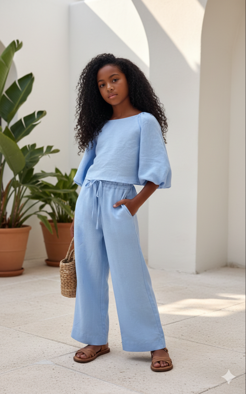 Compleu roz din in cu pantaloni evazati pentru fete - Isla