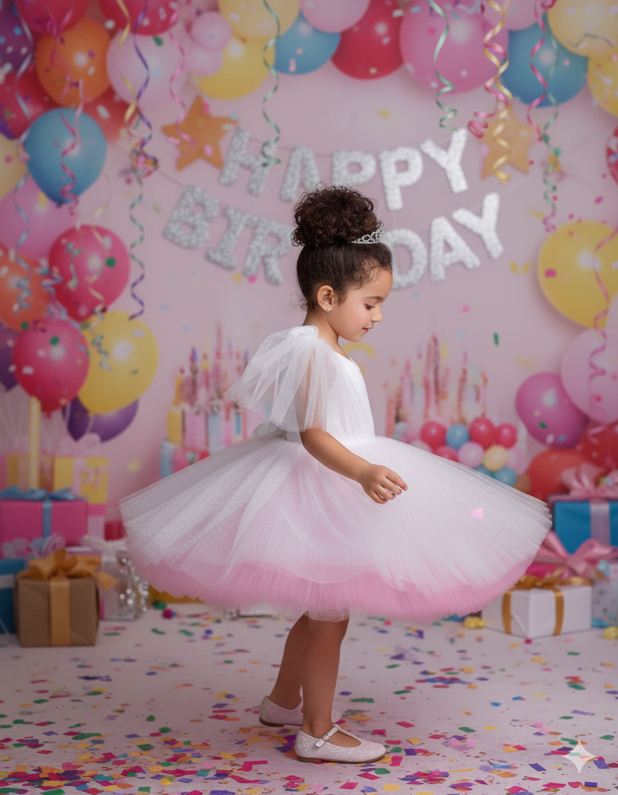 Rochie roz eleganta pentru fete si tulle alb cu glitter - Jenna