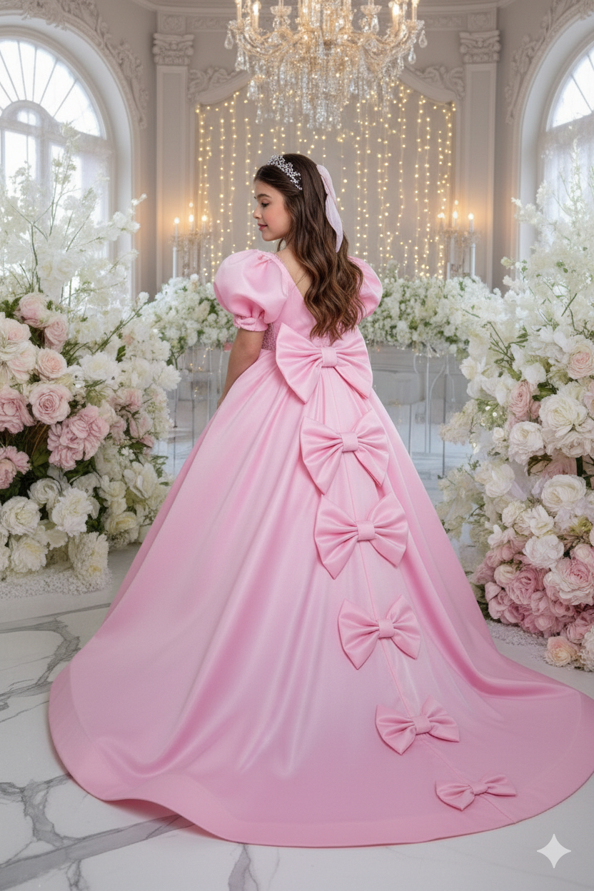 Rochie roz lunga eleganta cu trena si fundite pentru fete - Adelaida