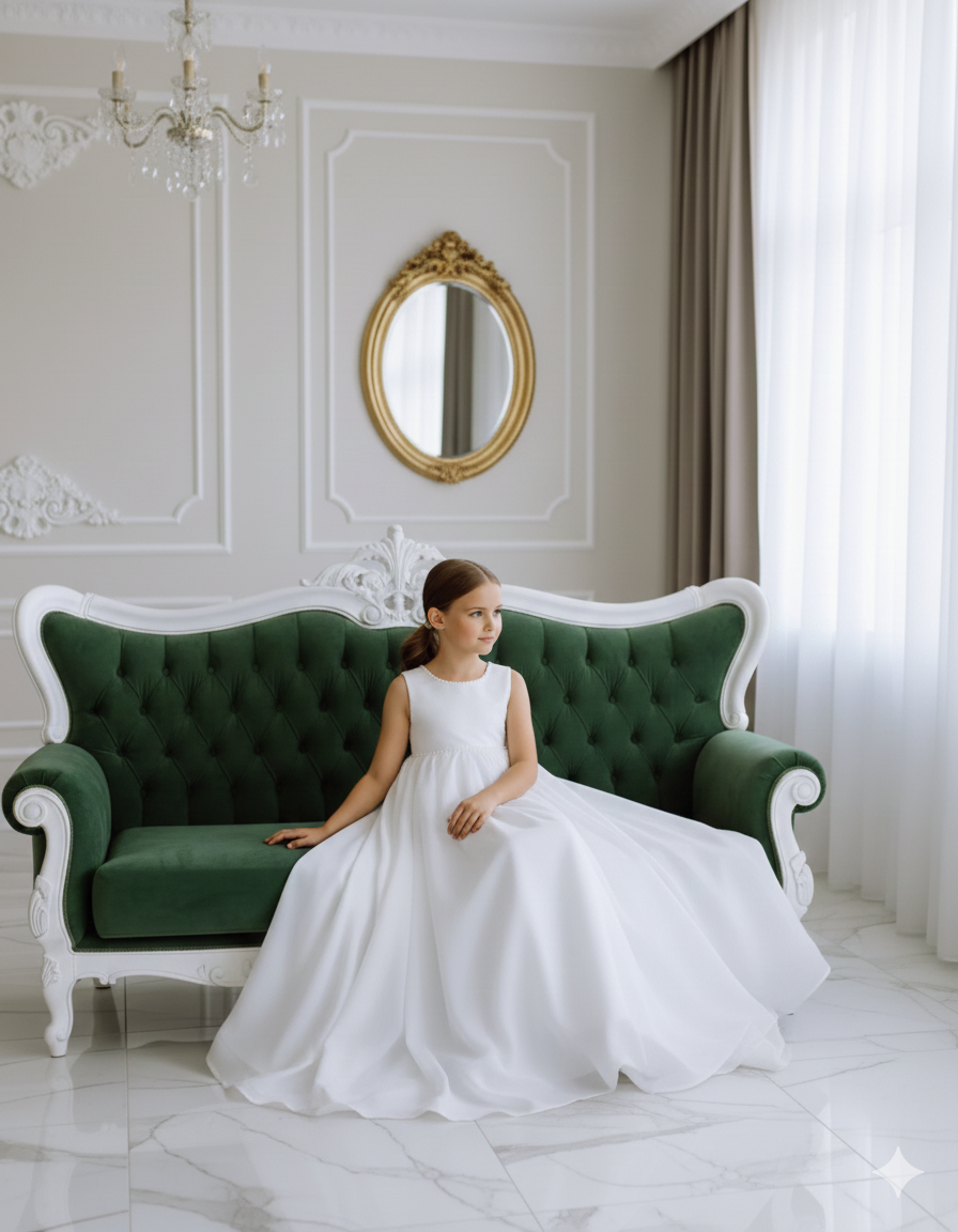 Rochie alba lunga eleganta pentru fete, din organza alba si perle - Tina