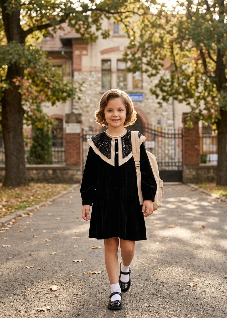 Rochie casual din catifea neagra si guler cu paiete pentru fete - Vera