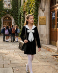 Rochie casual din catifea neagra si guler alb pentru fete - Naomi