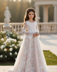 Rochie lunga eleganta cu dantela chantilly alba pentru fete - Serena
