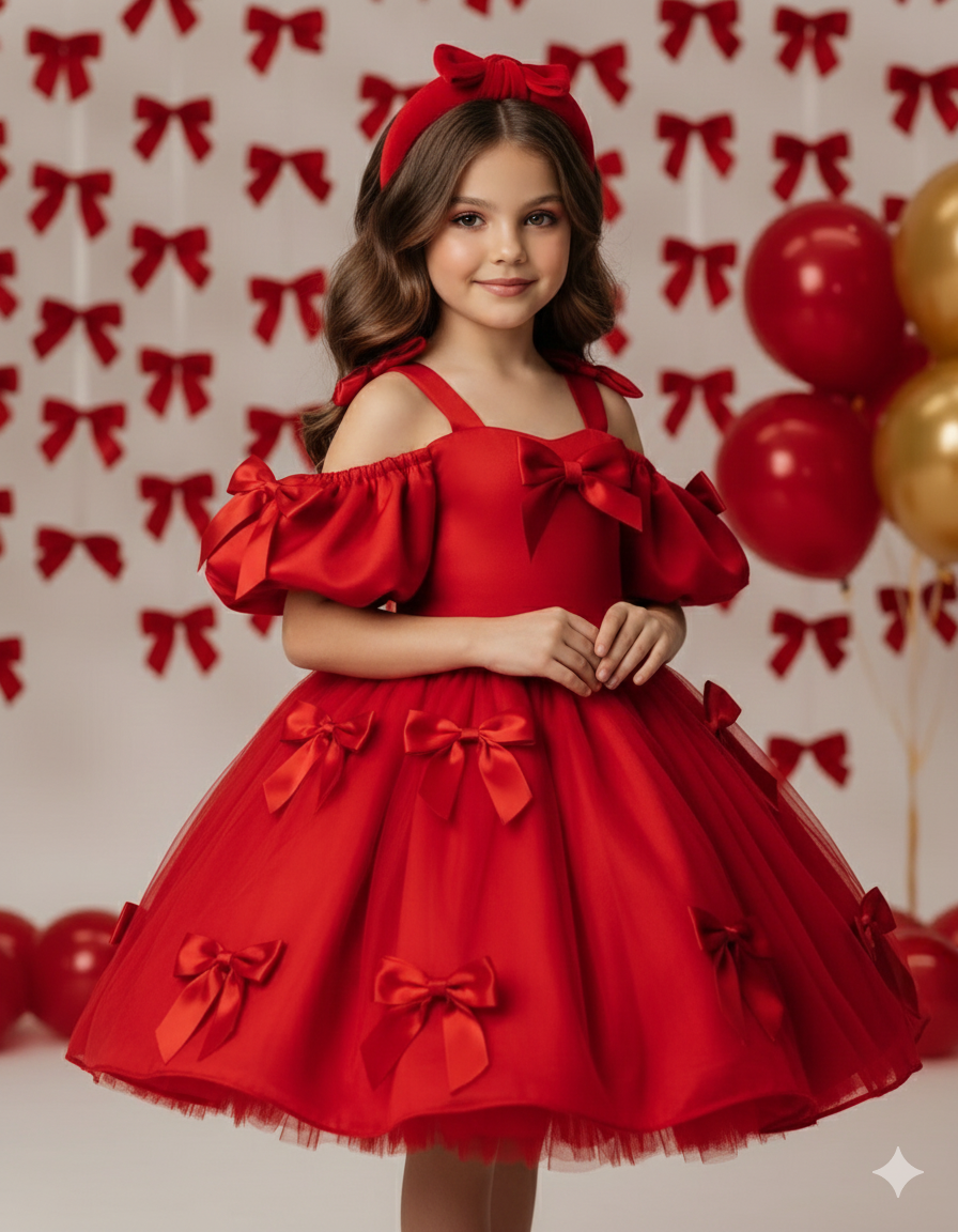 Rochie rosie eleganta din tafta cu fundite rosii pentru fete - Berta