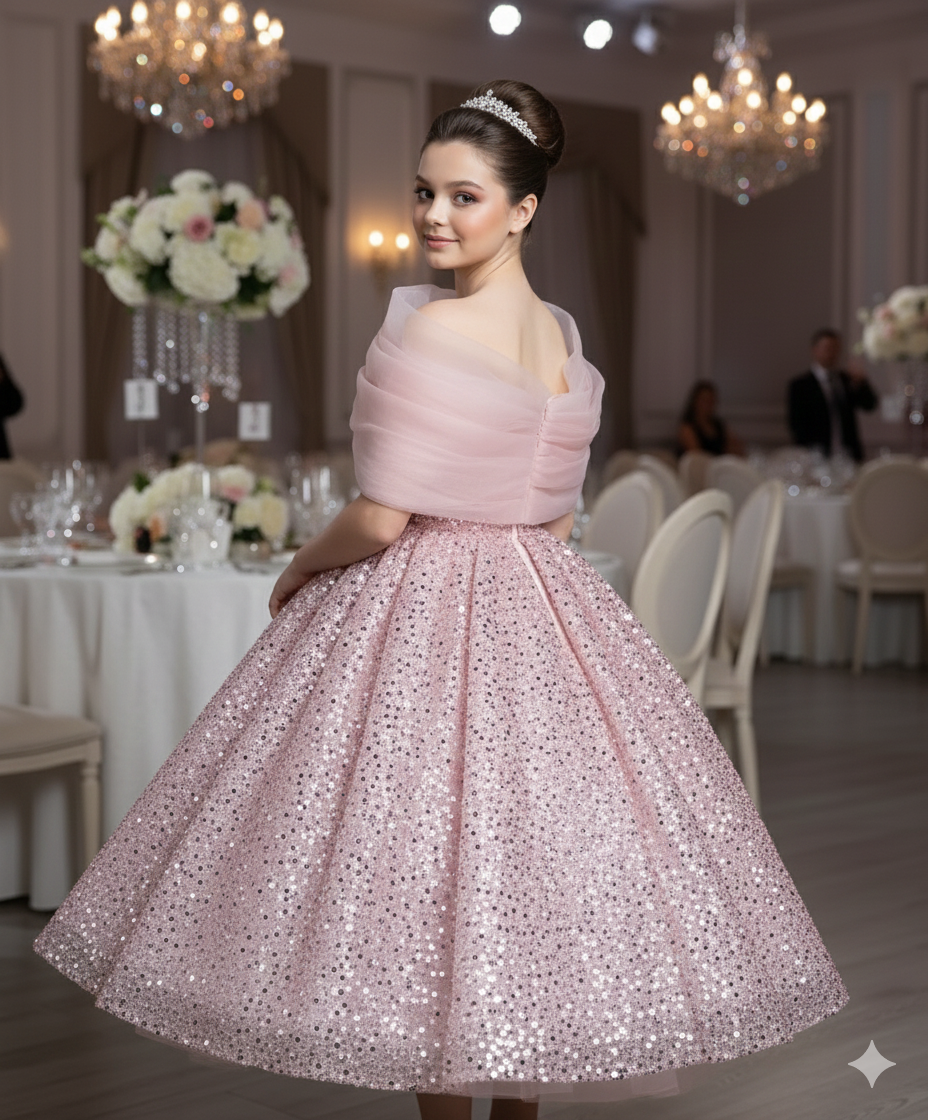 Rochie roz eleganta din dantela cu perle si paiete pentru fete - Iris