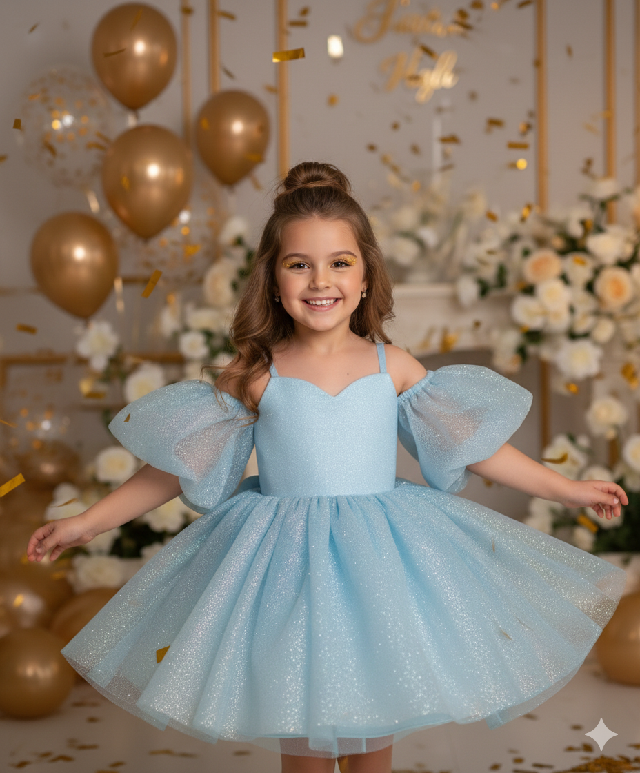 Rochie roz eleganta pentru fete, din tulle cu glitter si maneci bufante - Eloise