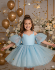 Rochie bleu eleganta pentru fete, din tulle cu glitter si maneci bufante - Eloise
