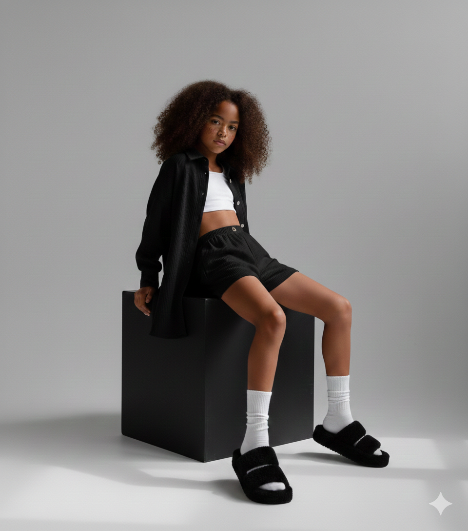 Compleu negru din muselina cu pantaloni scurti si camasa oversize pentru fete - Defne