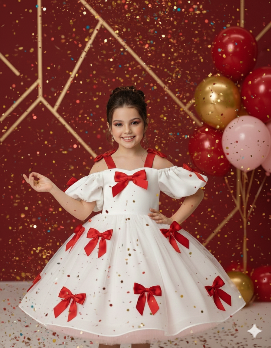 Rochie alba eleganta din tafta cu fundite bleu pentru fete - Berta