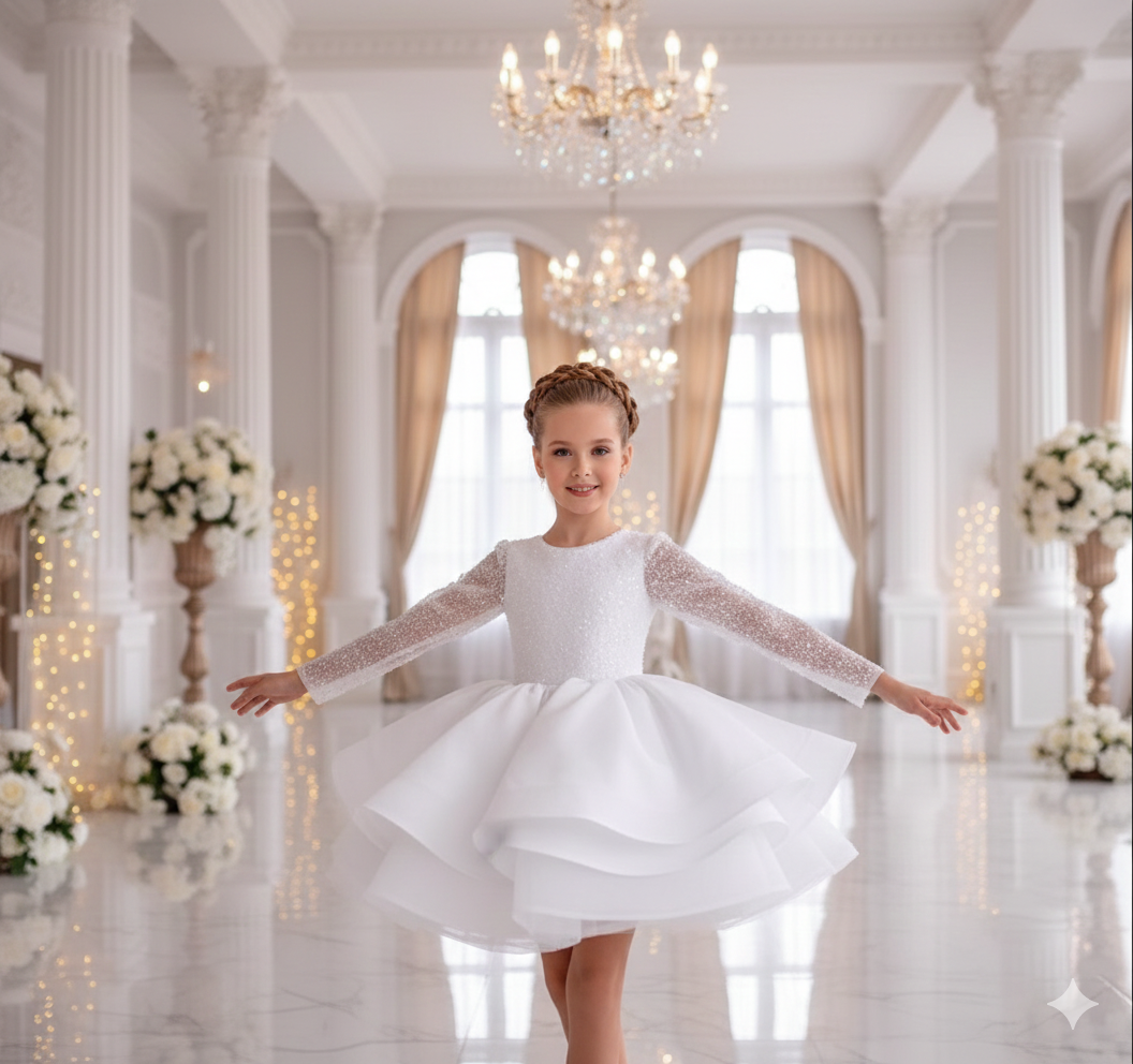 Rochie alba eleganta fete, din dantela cu perle, paiete si tafta - Esther