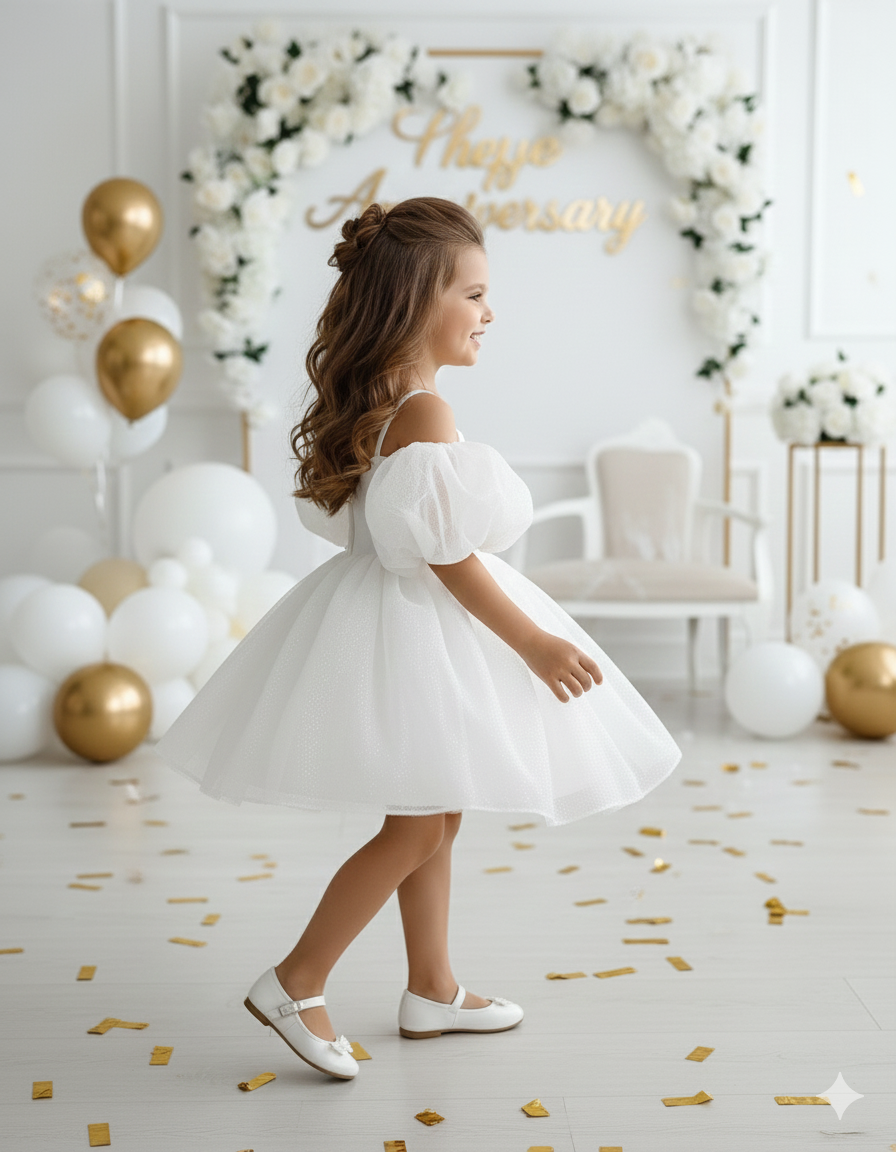 Rochie alba eleganta pentru fete, din tulle cu glitter si maneci bufante - Eloise