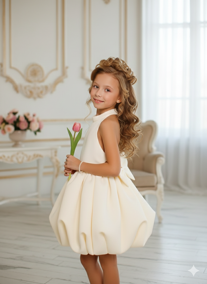 Rochie alba eleganta pentru fete, cu fundite din neopren - Dahlia