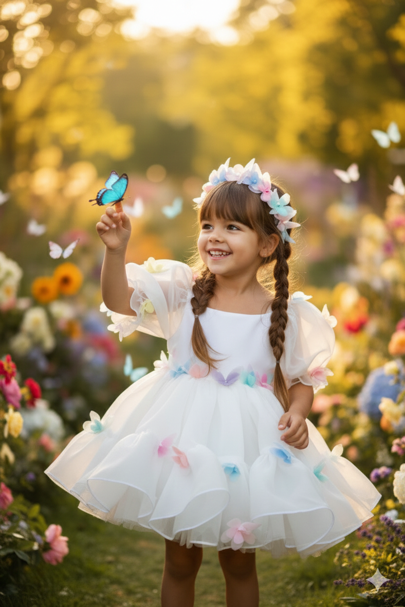 Rochie alba eleganta accesorizata cu fluturi 3D colorati pentru fete - Kelly