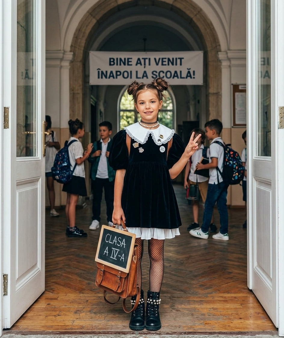 Rochie casual din catifea neagra si guler alb pentru fete - Sara