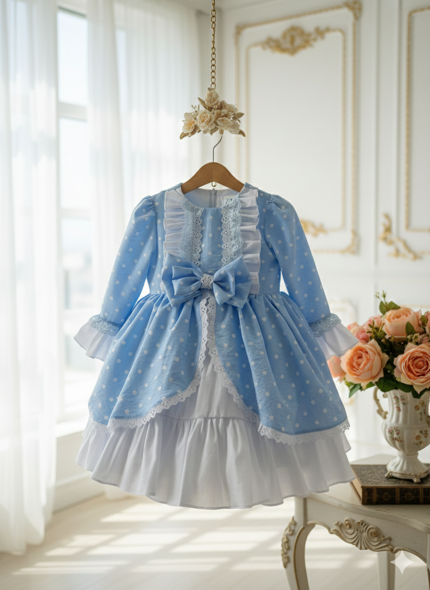 Rochie bleu vintage cu buline pentru fete - Ofelia