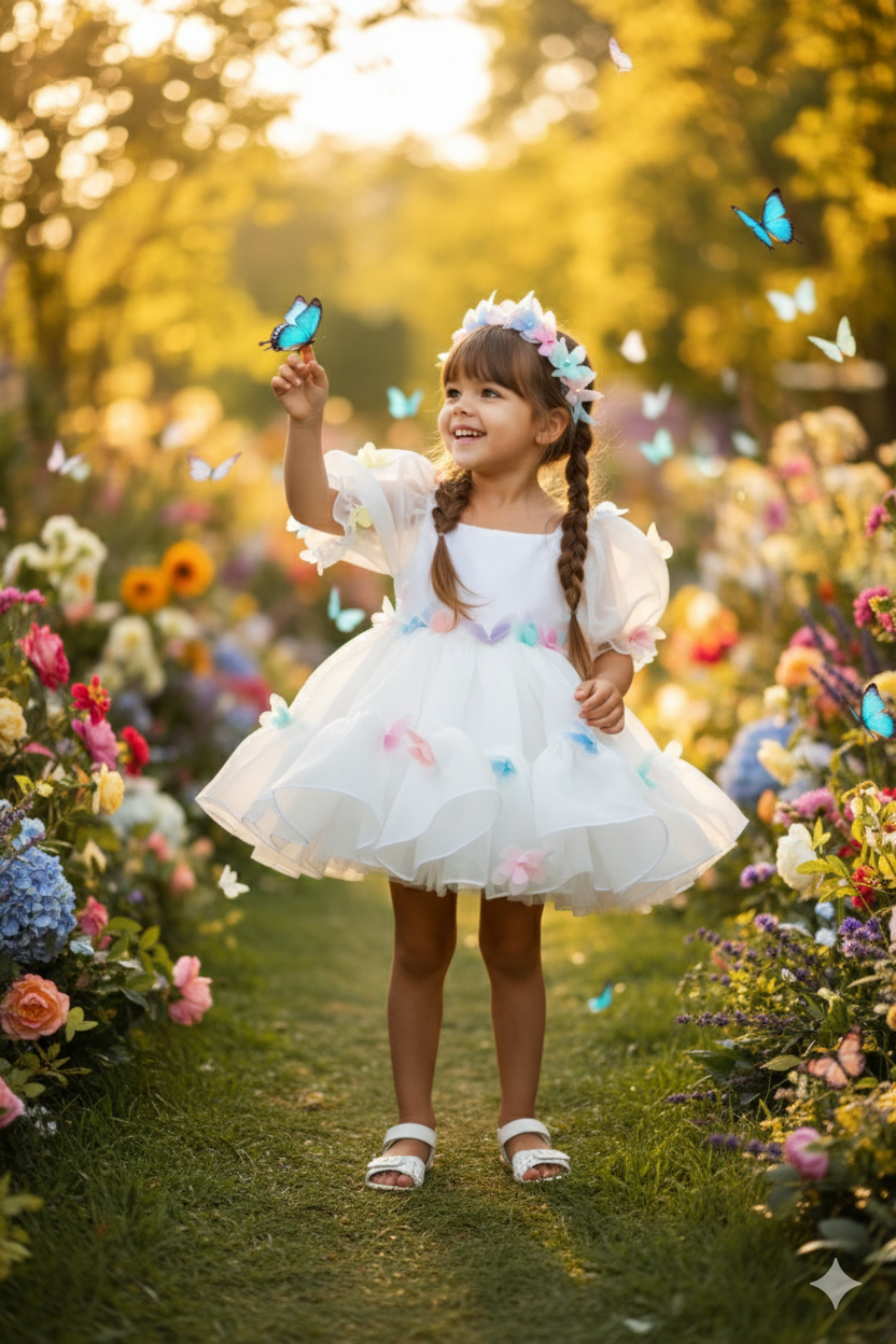 Rochie alba eleganta accesorizata cu fluturi 3D colorati pentru fete - Kelly