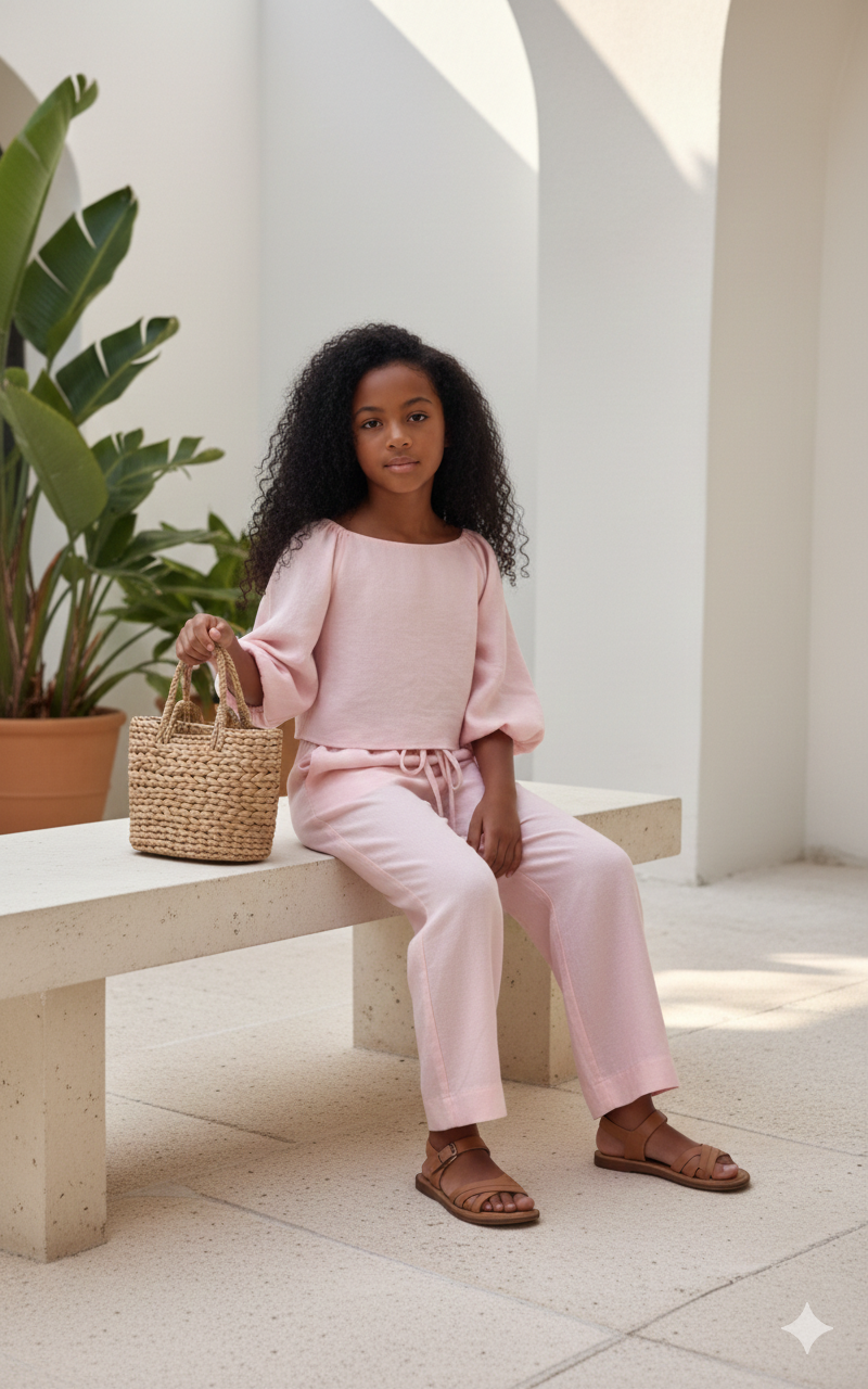 Compleu alb din in cu pantaloni evazati pentru fete - Isla