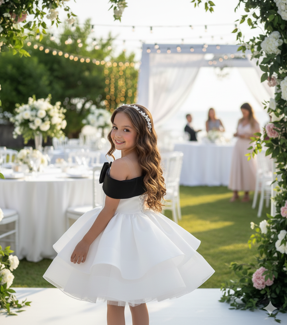 Rochie alba eleganta din tafta si funda neagra pentru fete - Norah