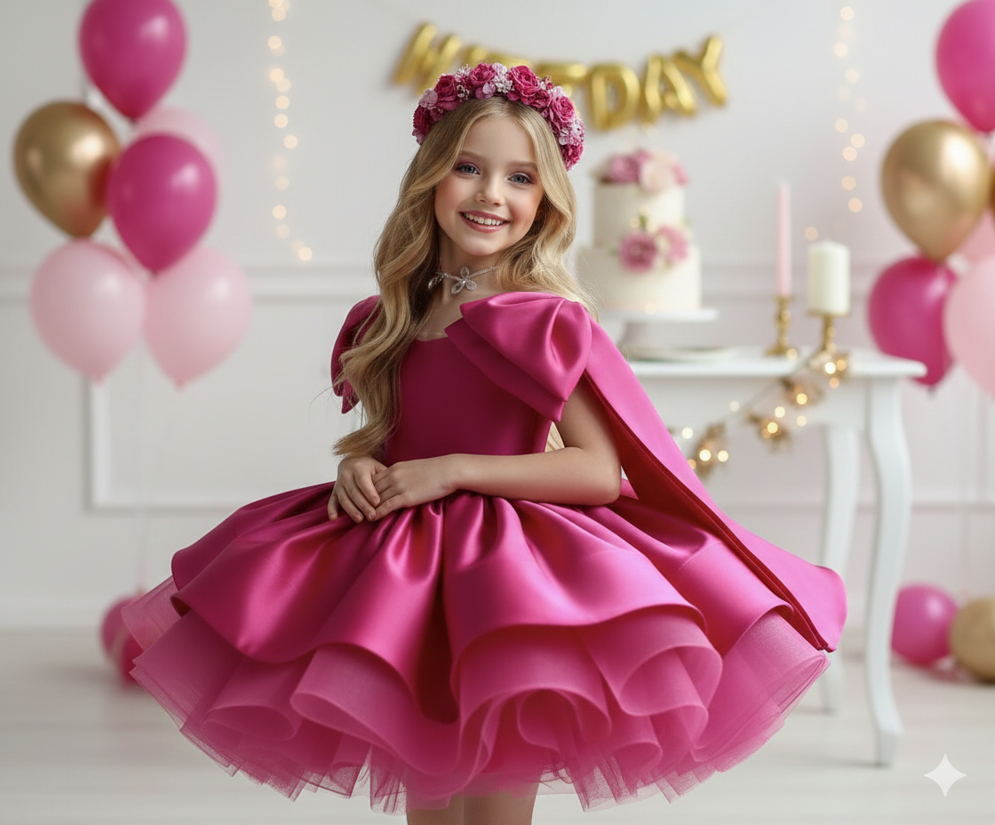 Rochie fuchsia eleganta cu fundite pe umeri din tafta pentru fete - Barbie