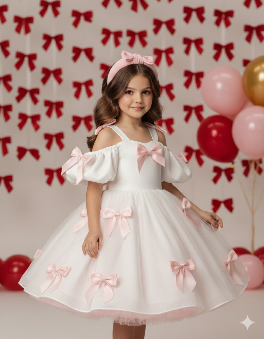 Rochie alba eleganta din tafta cu fundite roz pentru fete - Berta